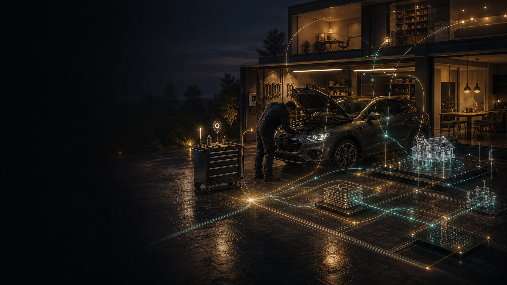 Connected household, vehicle and service workflow at night