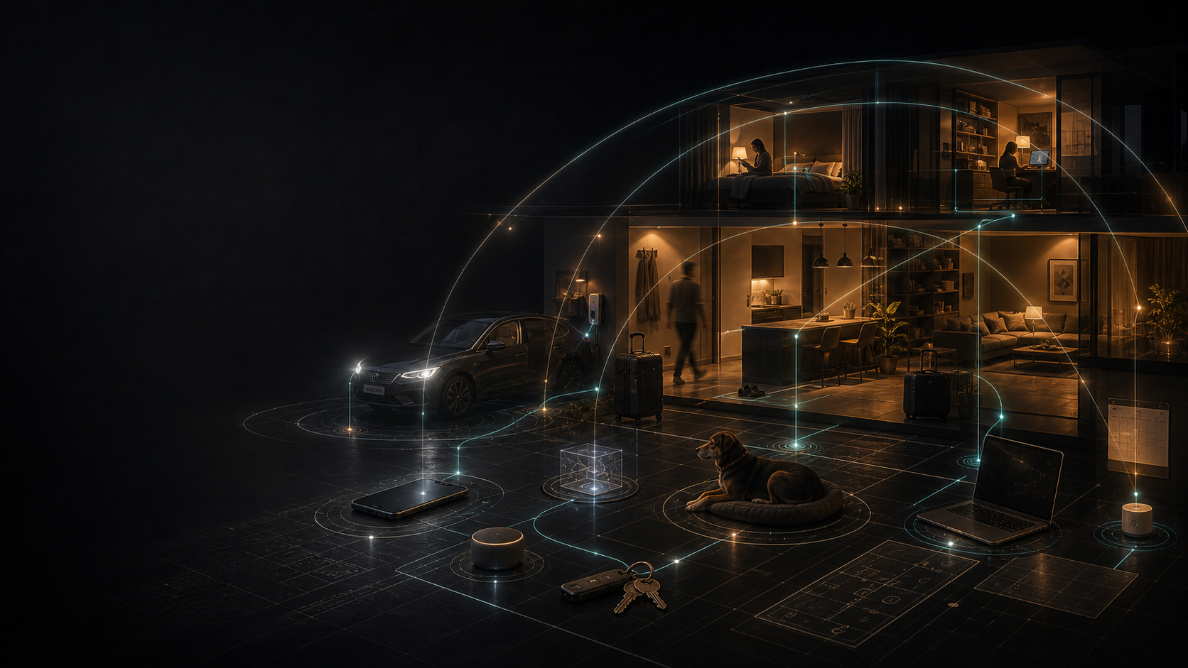 Connected household environment with home, car, devices and family protection signals