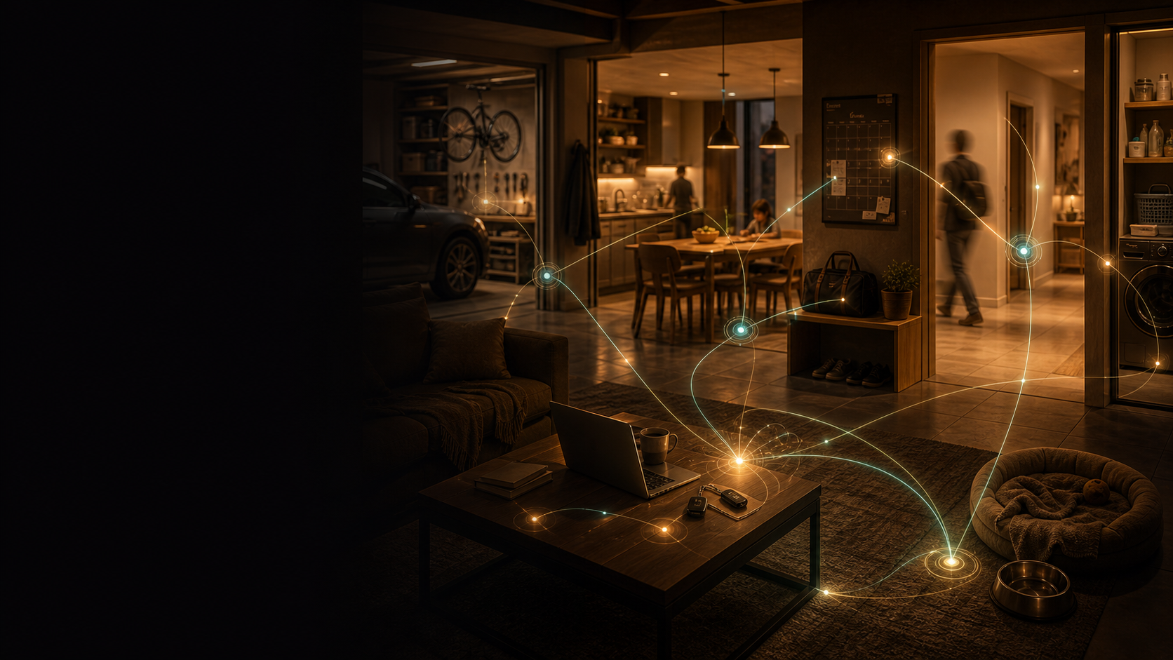 Connected household interior showing protection workflows across people, devices and assets