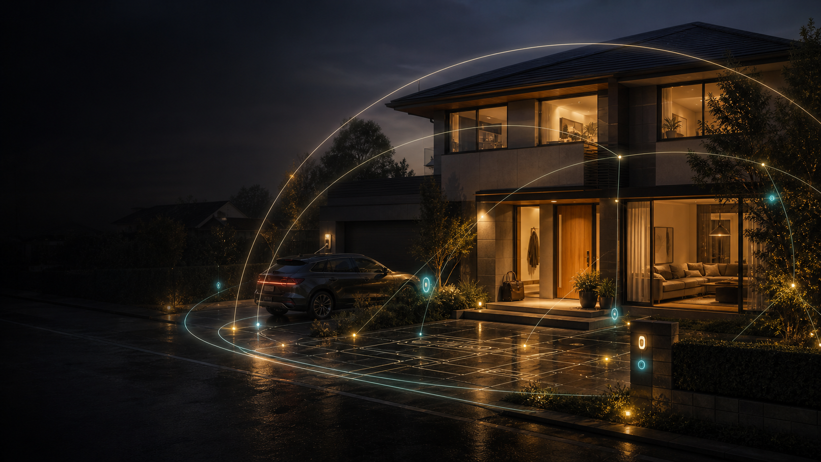 Protected household at night with connected insurance signals around the home and vehicle